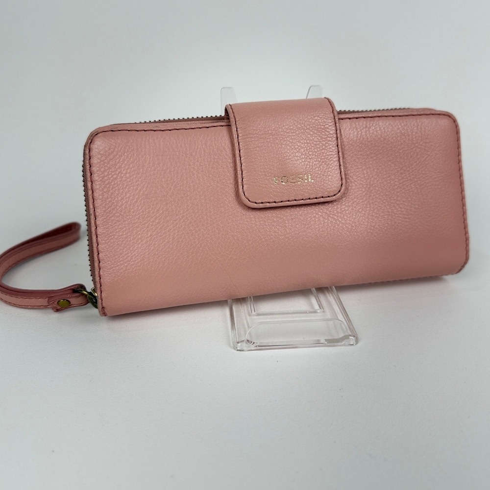 Fossil Pink Leather Logan RFID‎ Zip Around Clutch Wallet Wristlet